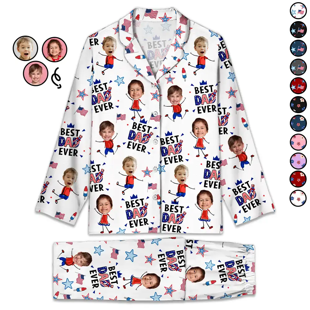Custom Photo Stars & Stripes Best Dad Mom Grandpa Grandma Ever - Personalized Long Pajamas Set