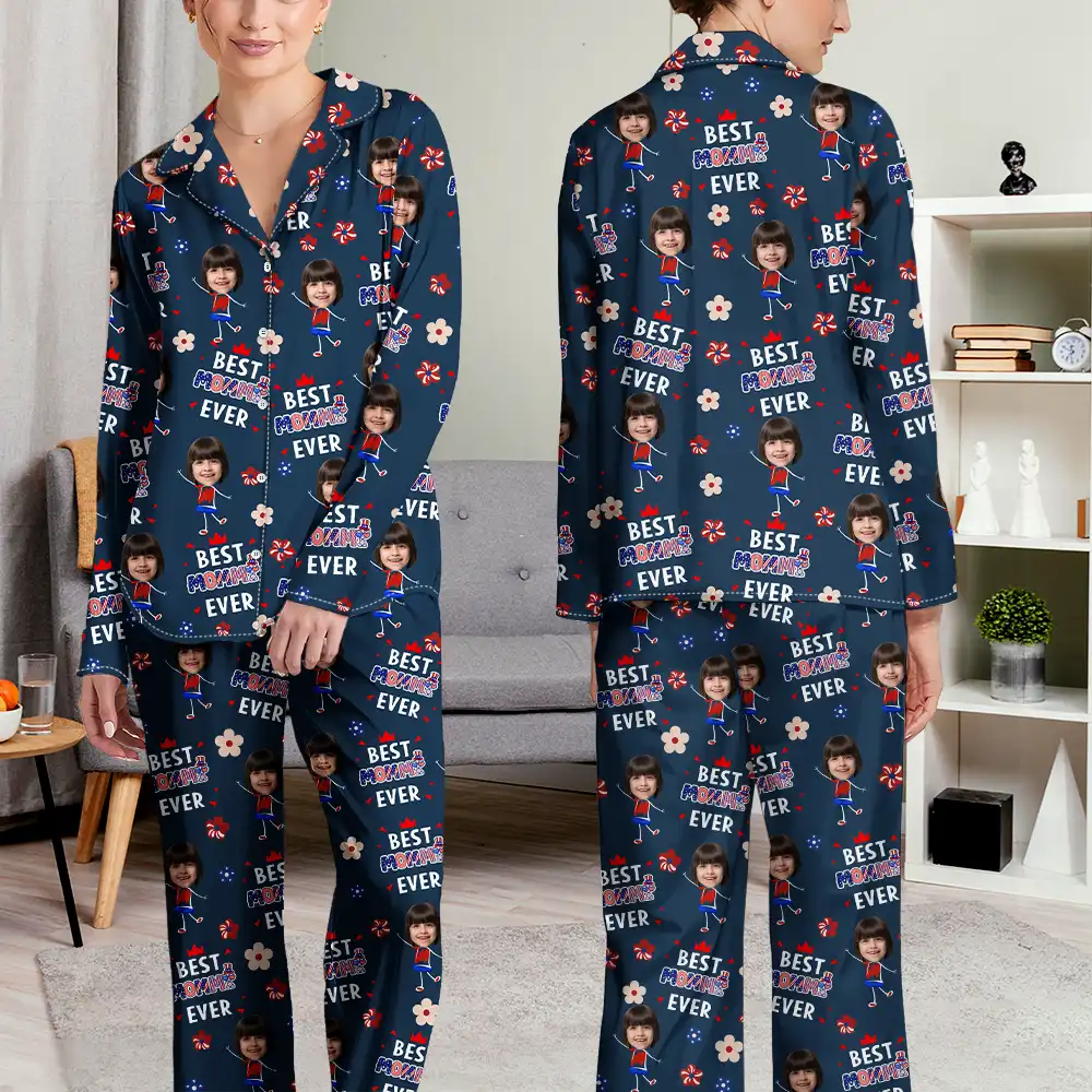 Gift For Mother,Gift For Grandma,Happy,Gift For Father,Gift For Grandpa,Independence Day,Photo,Icon,Humorous - Custom Photo Stars & Stripes Best Dad Mom Grandpa Grandma Ever - Personalized Long Pajamas Set