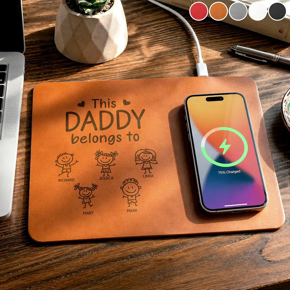 Gift For Father,Gift For Grandpa,Grandpa - Grandkids,Icon,Playful - This Grandpa Belongs To Kid Stick Figure - Personalized Leather Charging Mat