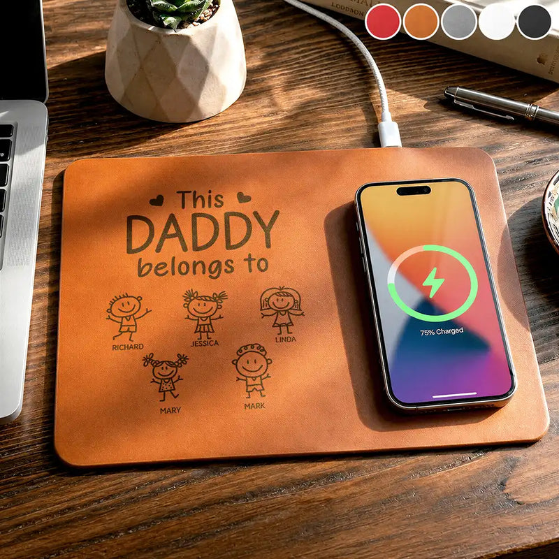 Gift For Father,Gift For Grandpa,Grandpa - Grandkids,Icon,Playful - This Grandpa Belongs To Kid Stick Figure - Personalized Leather Charging Mat