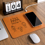 Gift For Father,Gift For Grandpa,Grandpa - Grandkids,Icon,Playful - This Grandpa Belongs To Kid Stick Figure - Personalized Leather Charging Mat