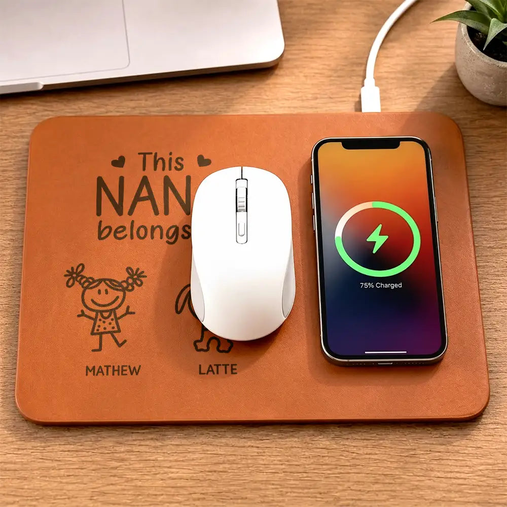 Gift For Father,Gift For Grandpa,Grandpa - Grandkids,Icon,Playful - This Grandpa Belongs To Kid Stick Figure - Personalized Leather Charging Mat