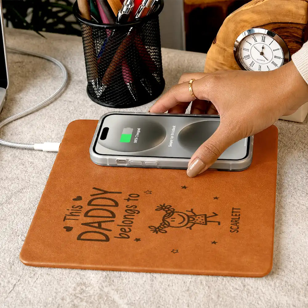 Gift For Father,Gift For Grandpa,Grandpa - Grandkids,Icon,Playful - This Grandpa Belongs To Kid Stick Figure - Personalized Leather Charging Mat