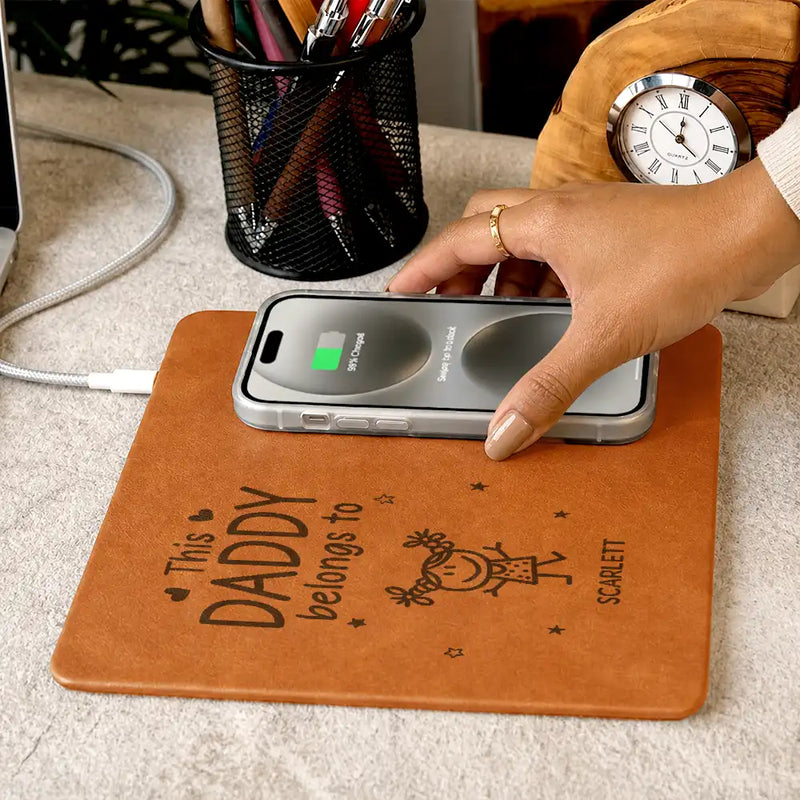 Gift For Father,Gift For Grandpa,Grandpa - Grandkids,Icon,Playful - This Grandpa Belongs To Kid Stick Figure - Personalized Leather Charging Mat