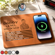 Gift For Father,Gift For Grandpa,Grandpa - Grandkids,Non-Eng,Photo - Pencil Sketch (Bold),Humorous - Custom Photo Bold Sketch Gaming Dad Level Unlocked - Personalized Leather Charging Mat