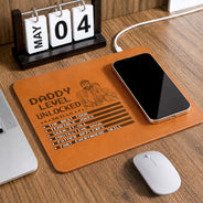Gift For Father,Gift For Grandpa,Grandpa - Grandkids,Non-Eng,Photo - Pencil Sketch (Bold),Humorous - Custom Photo Bold Sketch Gaming Dad Level Unlocked - Personalized Leather Charging Mat