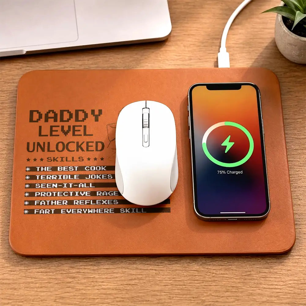 Gift For Father,Gift For Grandpa,Grandpa - Grandkids,Non-Eng,Photo - Pencil Sketch (Bold),Humorous - Custom Photo Bold Sketch Gaming Dad Level Unlocked - Personalized Leather Charging Mat