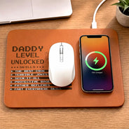 Gift For Father,Gift For Grandpa,Grandpa - Grandkids,Non-Eng,Photo - Pencil Sketch (Bold),Humorous - Custom Photo Bold Sketch Gaming Dad Level Unlocked - Personalized Leather Charging Mat