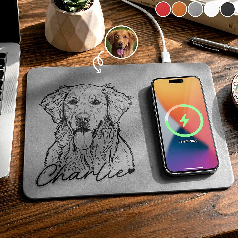 Custom Photo Bold Sketch Pet Portrait Pet Lovers - Personalized Leather Charging Mat