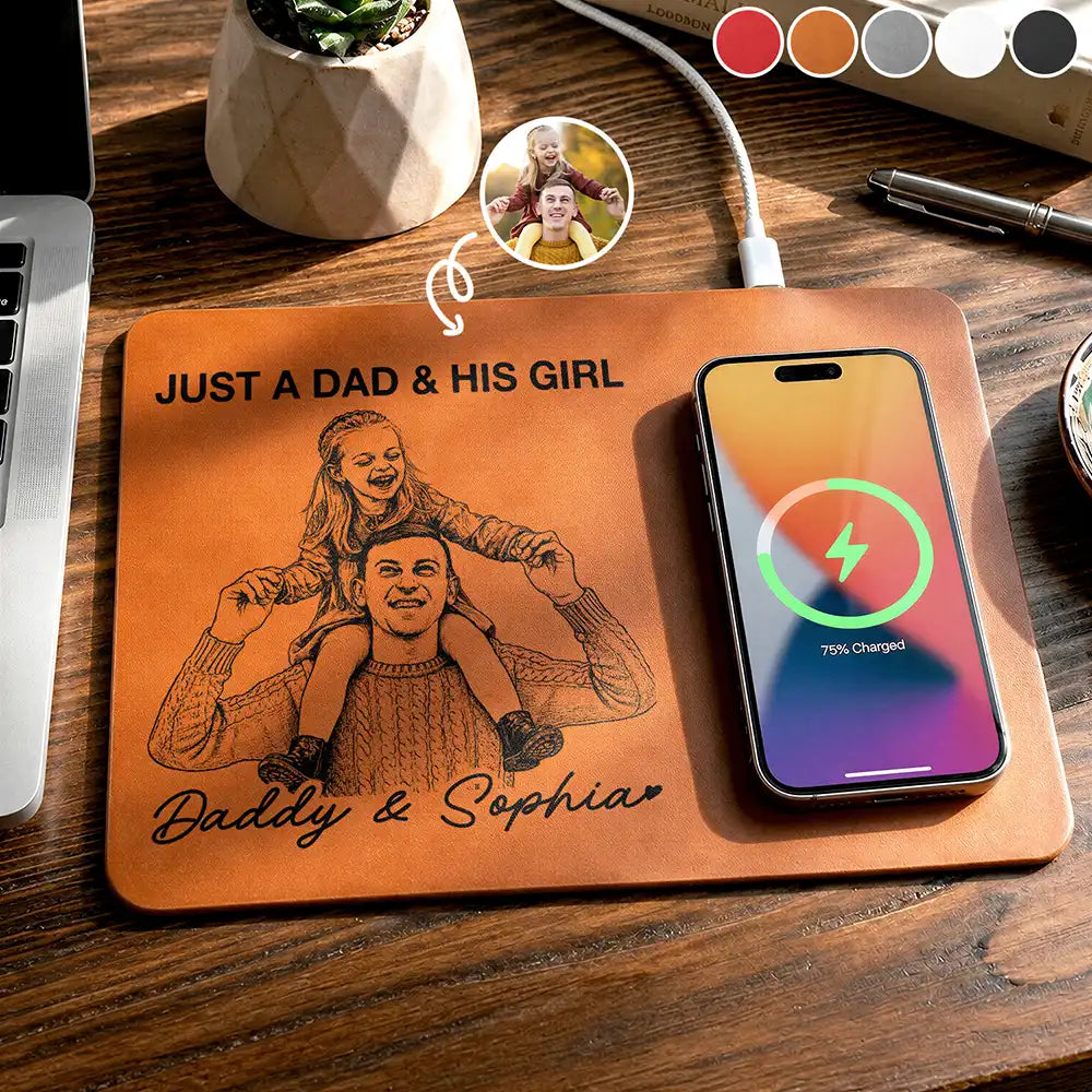 Custom Photo Bold Sketch Just A Dad And His Girl - Personalized Leather Charging Mat