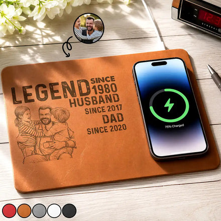 Custom Photo Pencil Sketch Legend Husband Daddy Since - Personalized Leather Charging Mat