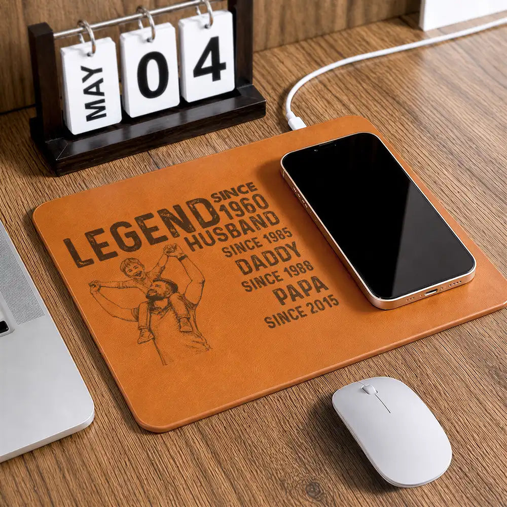 Custom Photo,Gift For Father,Gift For Grandpa,Non-Eng,Photo - Pencil Sketch,Proud - Custom Photo Pencil Sketch Legend Husband Daddy Since - Personalized Leather Charging Mat