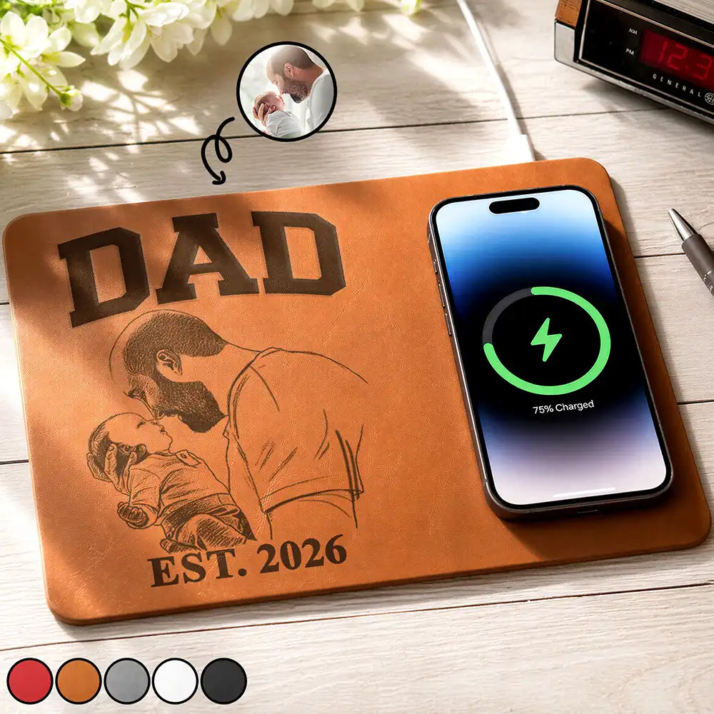 Custom Photo Bold Sketch Dad Grandpa EST - Personalized Leather Charging Mat