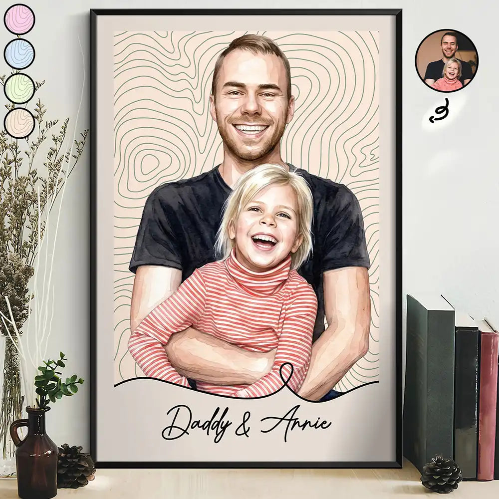 Custom Photo Realistic Watercolor Art Dad Grandpa Portrait Topographic Pattern - Personalized Poster