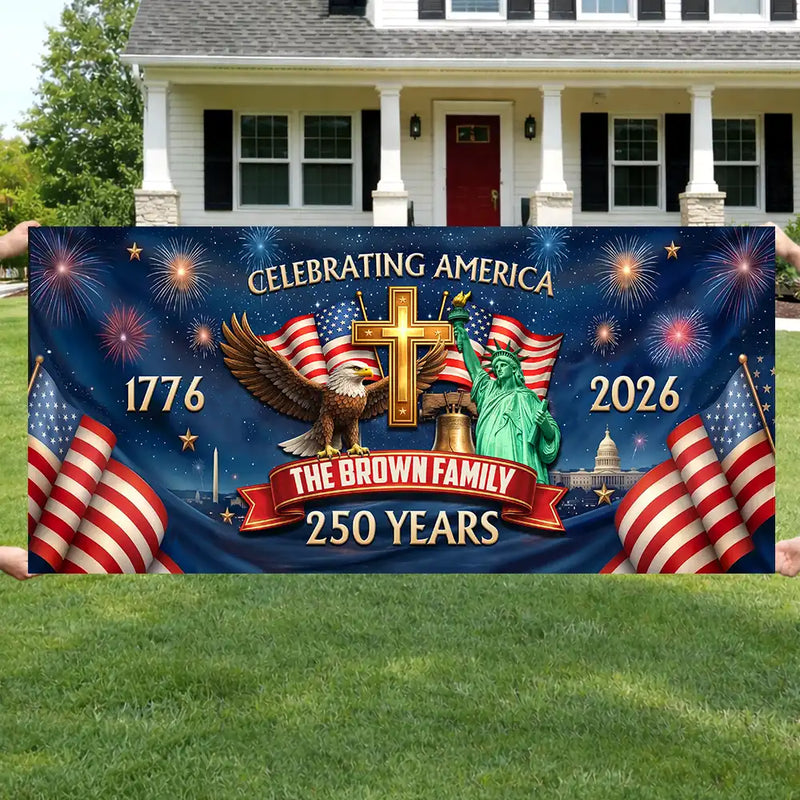 America 250th,Independence Day,Top Market,Family,Proud,Custom Text - 3D Effect Celebrating America 250 Years - Personalized Horizontal Banner