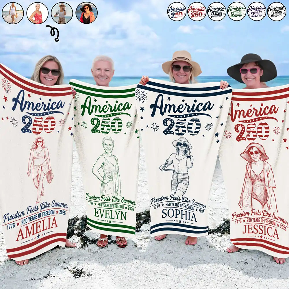 America 250th,Custom Photo,Independence Day,Art Design,Summer,Family,Proud,Photo - Pencil Sketch - Remove BG - Custom Photo Pencil Sketch America 250 Freedom Feels Like Summer - Personalized Beach Towela