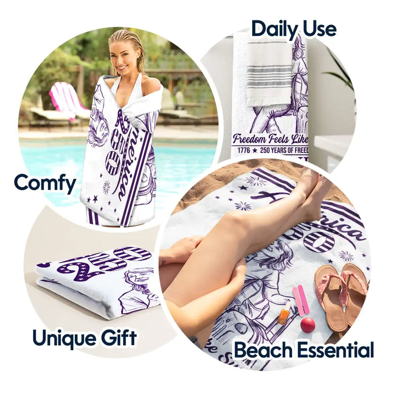 America 250th,Custom Photo,Independence Day,Art Design,Summer,Family,Proud,Photo - Pencil Sketch - Remove BG - Custom Photo Pencil Sketch America 250 Freedom Feels Like Summer - Personalized Beach Towela