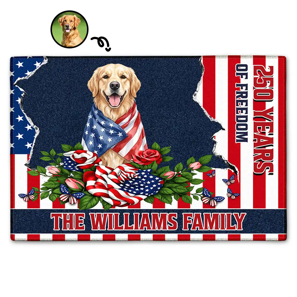 Custom Photo Watercolor With US Accessories Patriotic Dog Cat 250 Years Of Freedom - Personalized Doormat