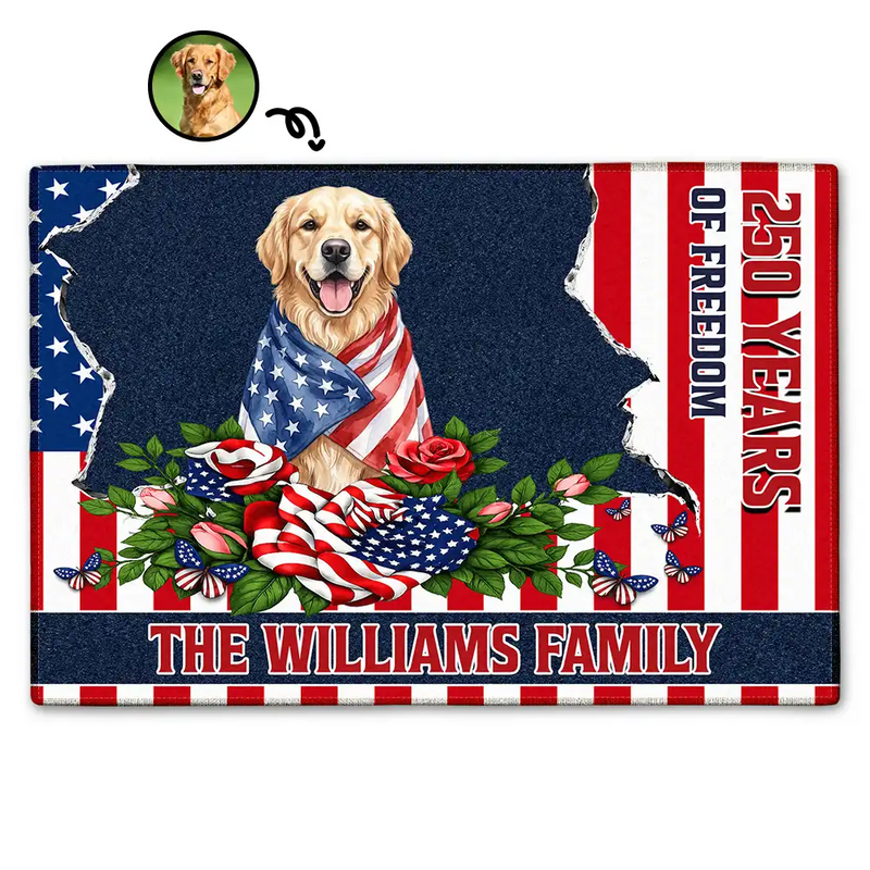 America 250th, Custom Photo, Independence Day, Art Design, Pet Lovers, Playful, Photo - US Theme Accessories Watercolor - Custom Photo Watercolor With US Accessories Patriotic Dog Cat 250 Years Of Freedom - Personalized Doormat