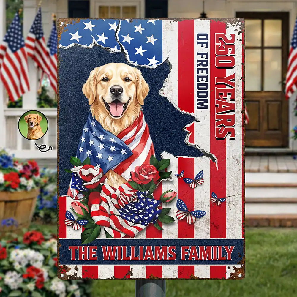 Custom Photo Watercolor With US Accessories Patriotic Dog Cat 250 Years Of Freedom - Personalized Classic Metal Signs