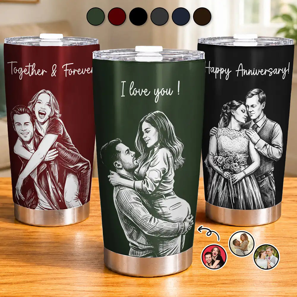 Custom Photo White Pencil Sketch Art Happy Anniversary Couple - Personalized Tumbler