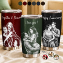 Custom Photo, Art Design, Gift For Couples, Top Market, Romantic, Photo - Pencil Sketch - Dark BG - Custom Photo White Pencil Sketch Art Happy Anniversary Couple - Personalized Tumbler