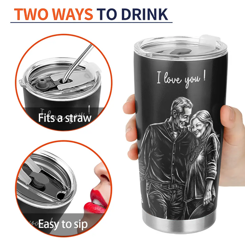 Custom Photo, Art Design, Gift For Couples, Top Market, Romantic, Photo - Pencil Sketch - Dark BG - Custom Photo White Pencil Sketch Art Happy Anniversary Couple - Personalized Tumbler
