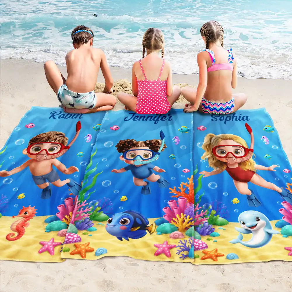 Gift For Kids, Summer, Playful, Vector - Scuba Diving Lovely Kid Ocean Theme - Personalized Beach Towel