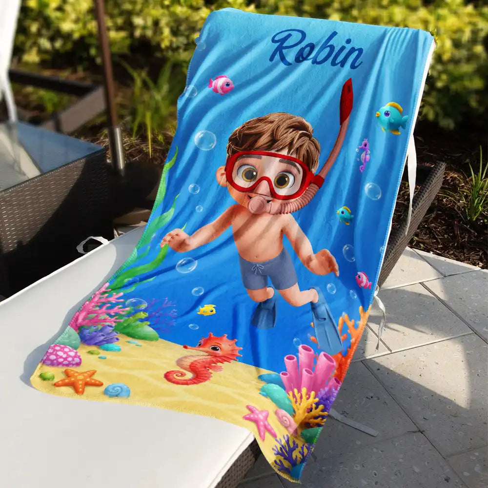 Gift For Kids, Summer, Playful, Vector - Scuba Diving Lovely Kid Ocean Theme - Personalized Beach Towel
