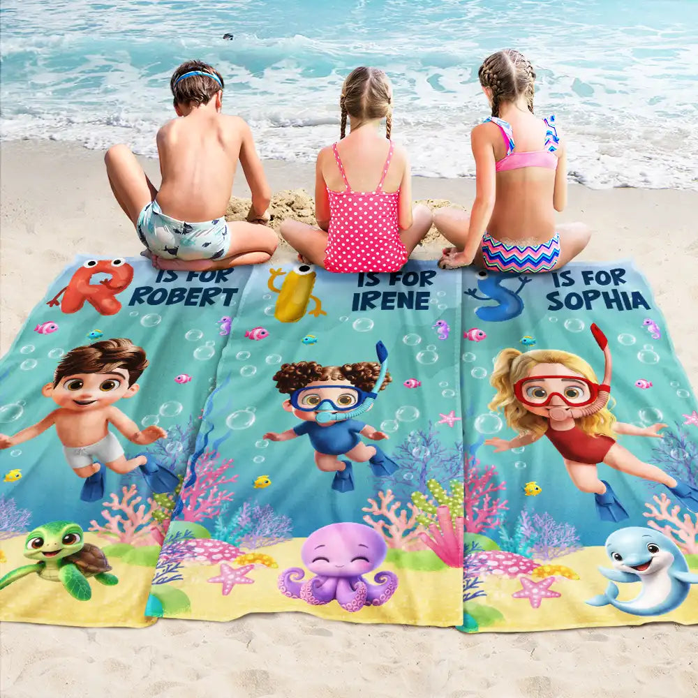Gift For Kids, Summer, Playful, Vector - Scuba Diving Kid With Name - Personalized Beach Towel