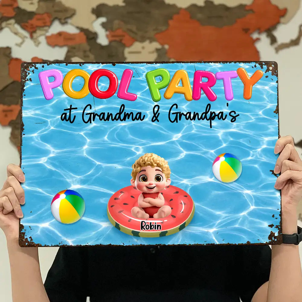 Summer, Gift For Grandma, Gift For Grandkids, Grandma - Grandkids, Gift For Grandchildren, Playful, Vector - Pool Party Grandma & Grandpa House - Personalized Classic Metal Signs