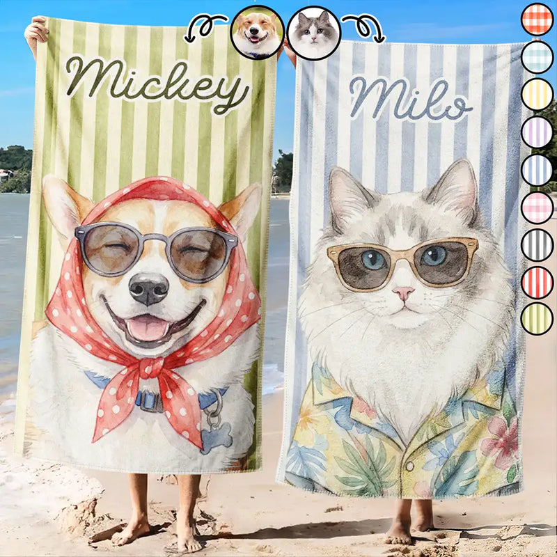 Art Design, Playful, Custom Photo, Summer, Pet Lovers, Photo - Watercolor Summer Pet With Accessories - Custom Photo Watercolor Pet With Summer Accessories Pet Portrait Summer Vibe - Personalized Beach Towel