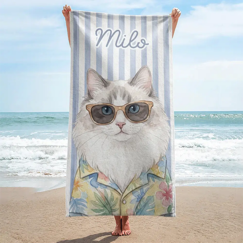 Art Design, Playful, Custom Photo, Summer, Pet Lovers, Photo - Watercolor Summer Pet With Accessories - Custom Photo Watercolor Pet With Summer Accessories Pet Portrait Summer Vibe - Personalized Beach Towel