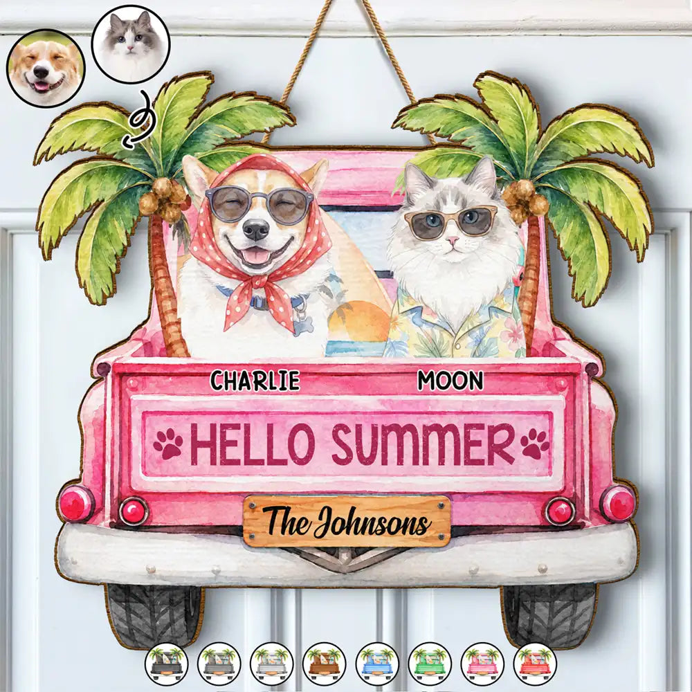 Custom Photo Watercolor Pet With Summer Accessories Hello Summer - Personalized Custom Shaped Wood Sign