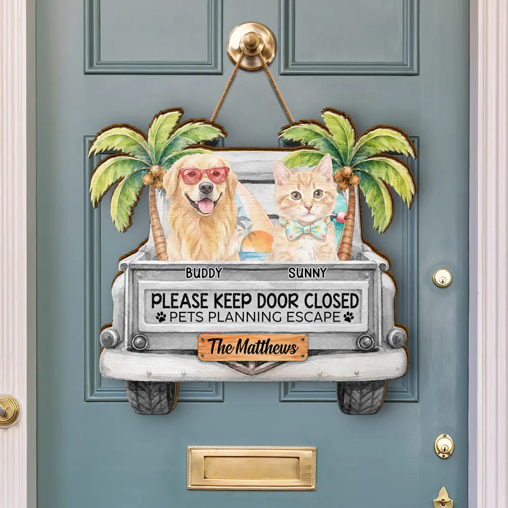 Art Design, Playful, Summer, Pet Lovers, Photo - Watercolor Summer Pet With Accessories - Custom Photo Watercolor Pet With Summer Accessories Hello Summer - Personalized Custom Shaped Wood Sign