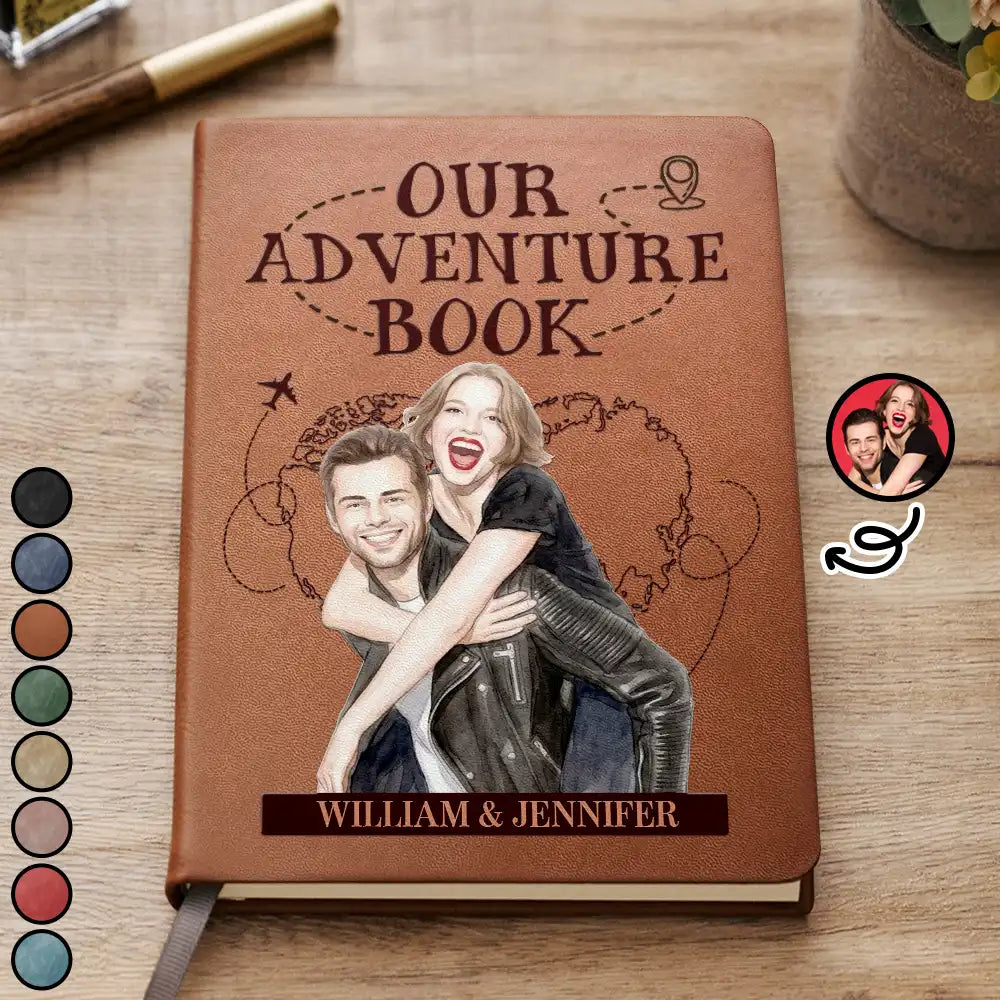 Art Design, Romantic, Summer, Gift For Couples, Photo - Watercolor - Remove BG - Custom Photo Realistic Watercolor Art Our Adventure Book Travel Couple - Personalized Leather Journal