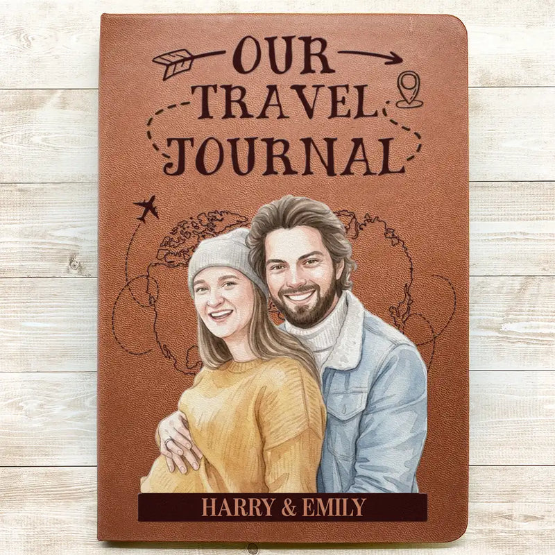 Art Design, Romantic, Summer, Gift For Couples, Photo - Watercolor - Remove BG - Custom Photo Realistic Watercolor Art Our Adventure Book Travel Couple - Personalized Leather Journal