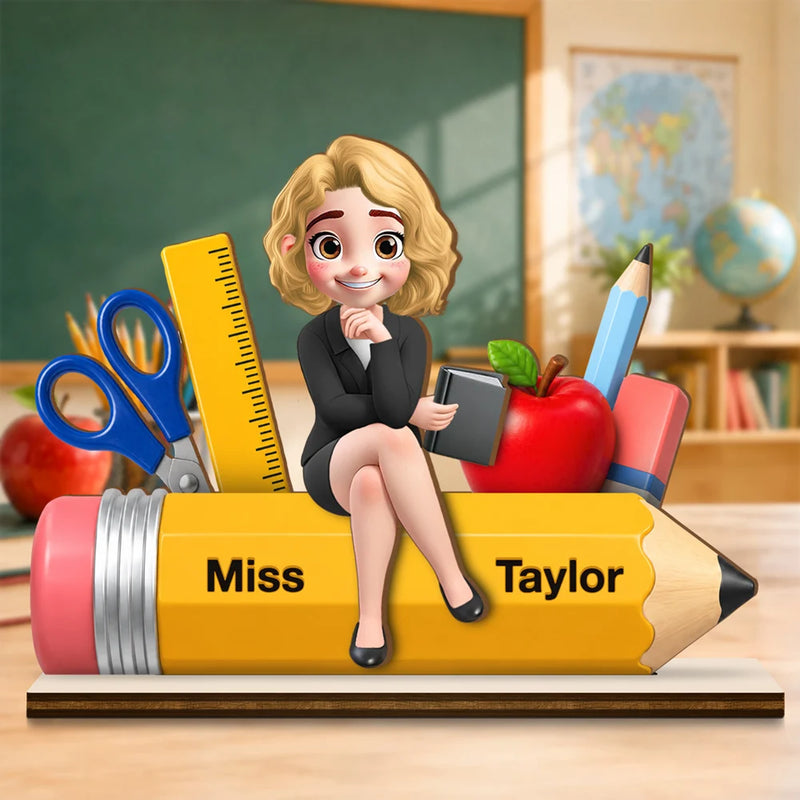 Teacher,Back To School,Proud,Vector - Dedicatied Teacher With School Supplies - Personalized Custom Shaped 2-Layered Wooden Plaque