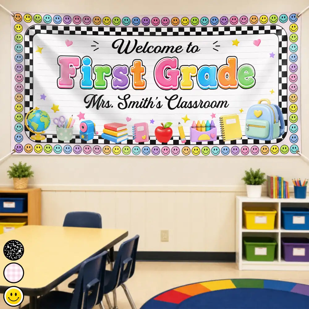 Top Market,Teacher,Inspirational,Back To School,Custom Text - Welcome To First Grade Kindergarten - Personalized Horizontal Banner