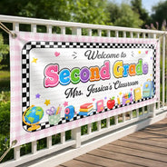 Top Market,Teacher,Inspirational,Back To School,Custom Text - Welcome To First Grade Kindergarten - Personalized Horizontal Banner