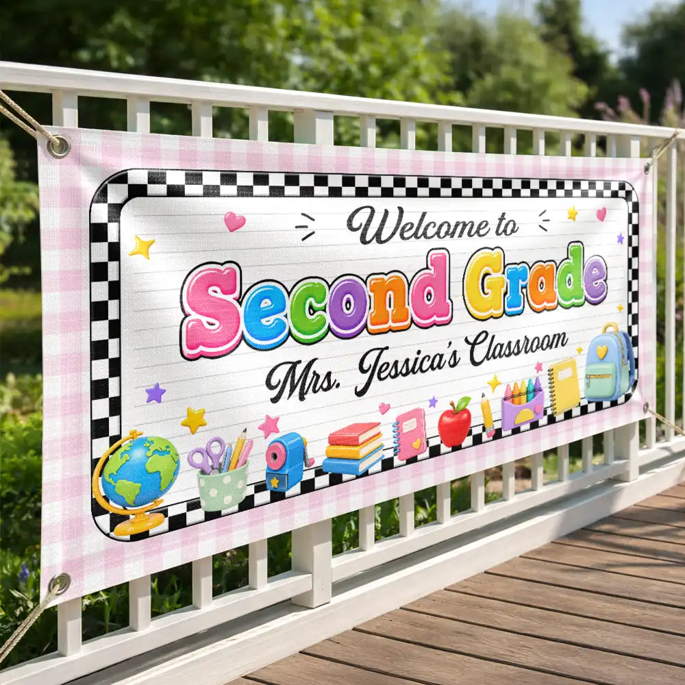 Top Market,Teacher,Inspirational,Back To School,Custom Text - Welcome To First Grade Kindergarten - Personalized Horizontal Banner