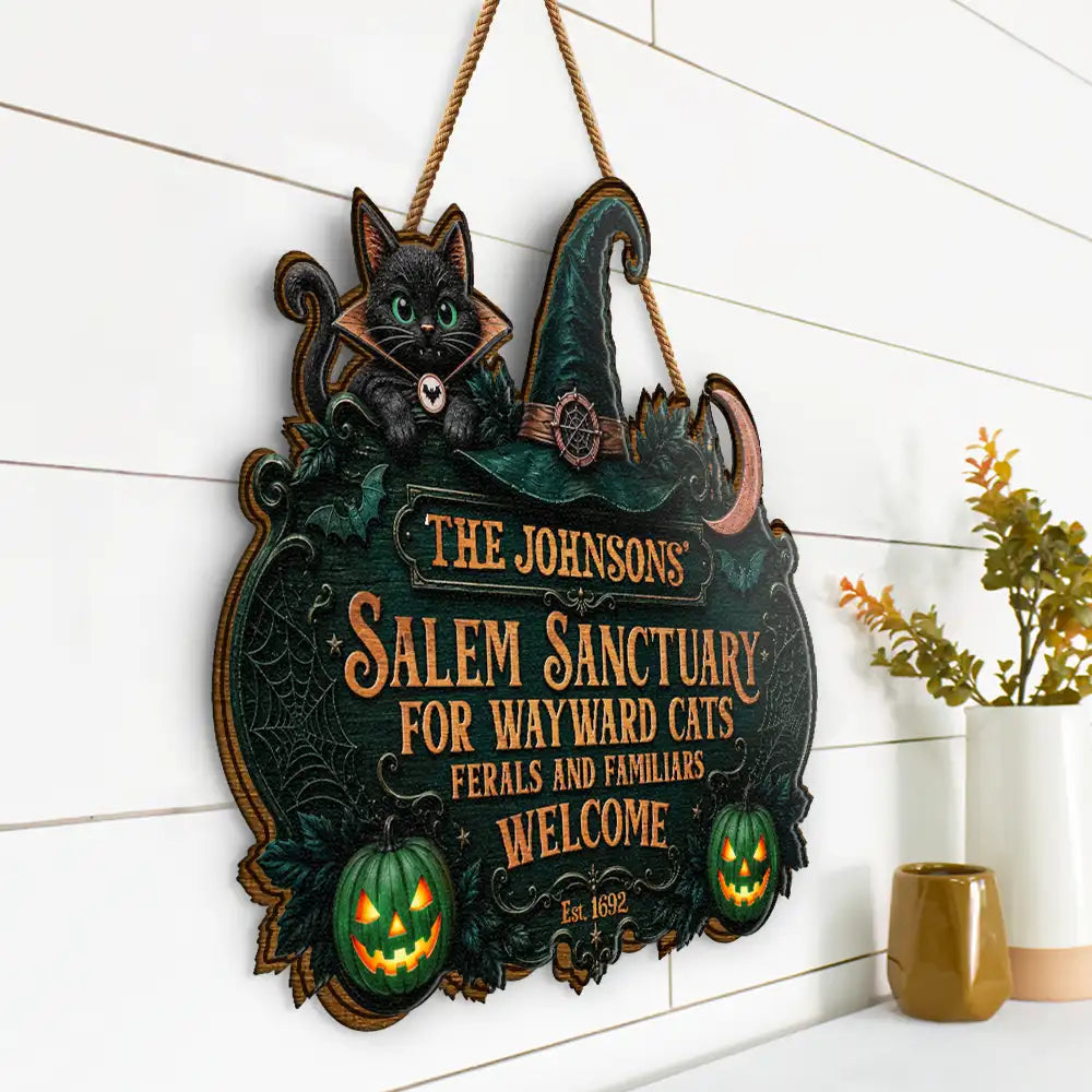 Top Market,Halloween,Family,Custom Text,Happy - Salem Sanctuary For Wayward Cats Ferals - Personalized Custom Shaped Wood Sign