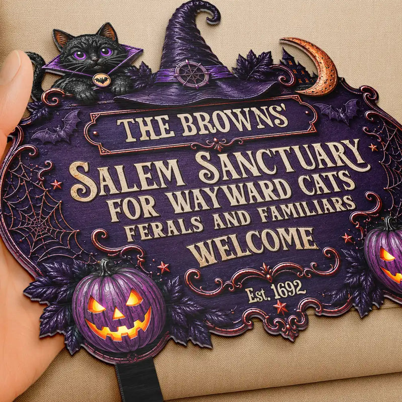Halloween,Family,Custom Text,Happy -Salem Sanctuary For Wayward Cats Ferals - Personalized Metal Garden Stake 