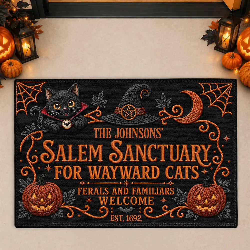 Halloween, Family, Custom Text, Happy - Salem Sanctuary For Wayward Cats Ferals - Personalized Doormat