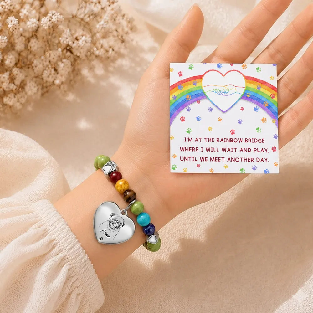 Art Design,Sympathetic,Pet Lovers,Memorial,Photo - Pencil Sketch - Bold - Custom Photo Bold Sketch Pet Memorial I'm At The Rainbow Bridge - Personalized Rainbow Bridge Bracelet