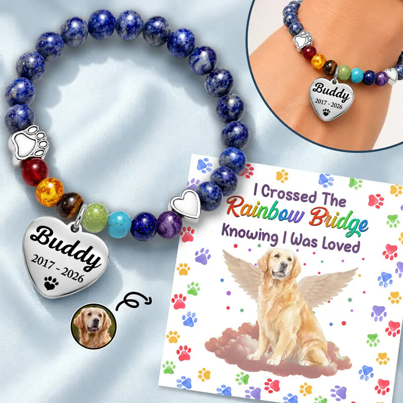 Art Design,Pet Memorial,Sympathetic,Pet Lovers,Memorial,Photo - Watercolor - Remove BG - Custom Photo Realistic Watercolor Art I Crossed The Rainbow Bridge Knowing I Was Loved - Personalized Rainbow Bridge Bracelet