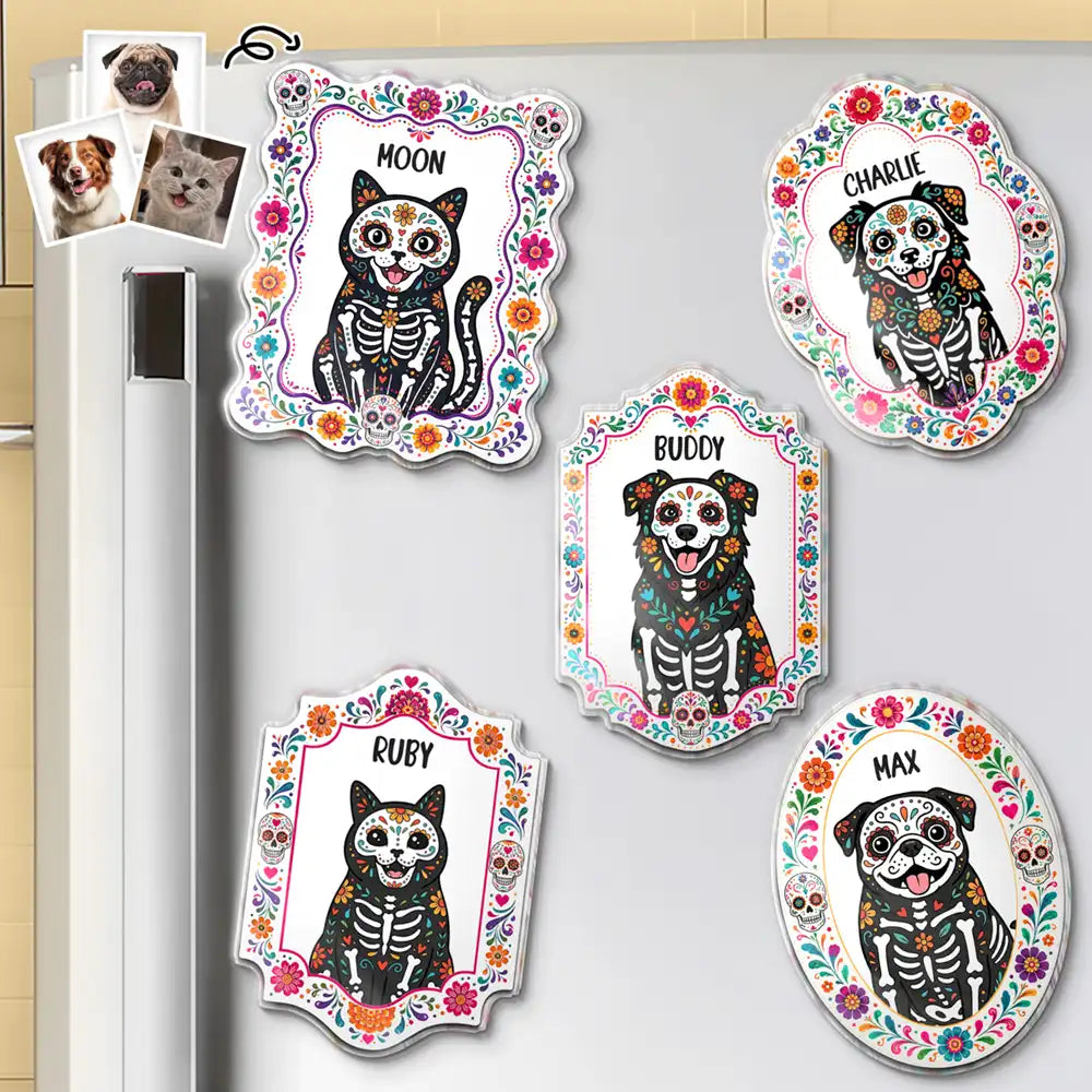 Top Market,Art Design,Playful,Halloween,Pet Lovers,Photo - Hispanic Mexican Flowers Pet - Custom Photo Hispanic Pet Dog Cat Portrait - Personalized Acrylic Magnet