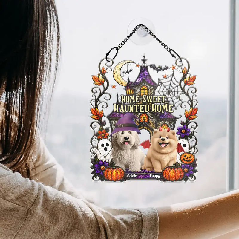 Playful,Indoor Decor,Halloween,Pet Lovers,Vector - Home Sweet Haunted Home Halloween Pets - Personalized Window Hanging Suncatcher Ornament
