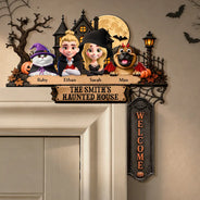 Adorable,Halloween,Family,Vector - Haunted House Family Welcome - Personalized Door Corner Wood Sign