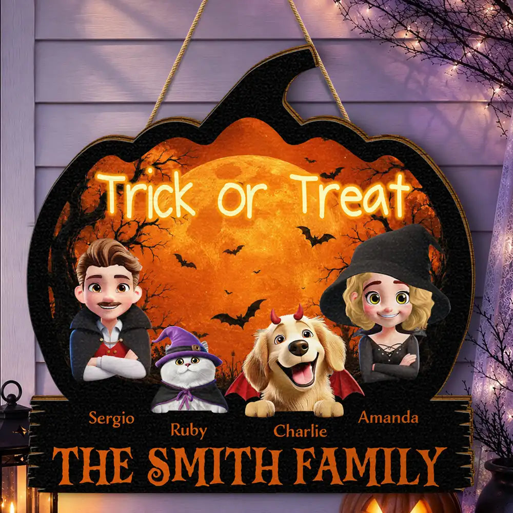 Halloween Family Trick Or Treat - Personalized Custom Shaped Wood Sign